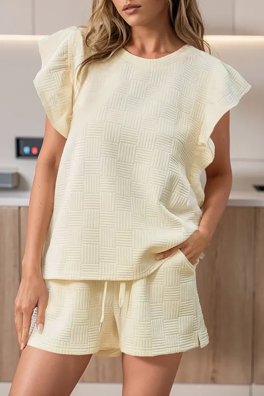 Apricot Textured Ruffled Sleeve Tee and Drawstring Shorts Set sold by Beagle Boutique