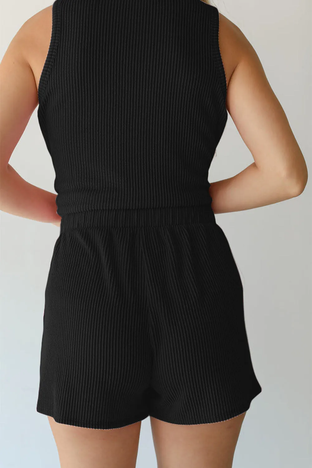 Black Ribbed Sleeveless Top and Pocketed Shorts Set sold by Beagle Boutique product image thumbnail 2