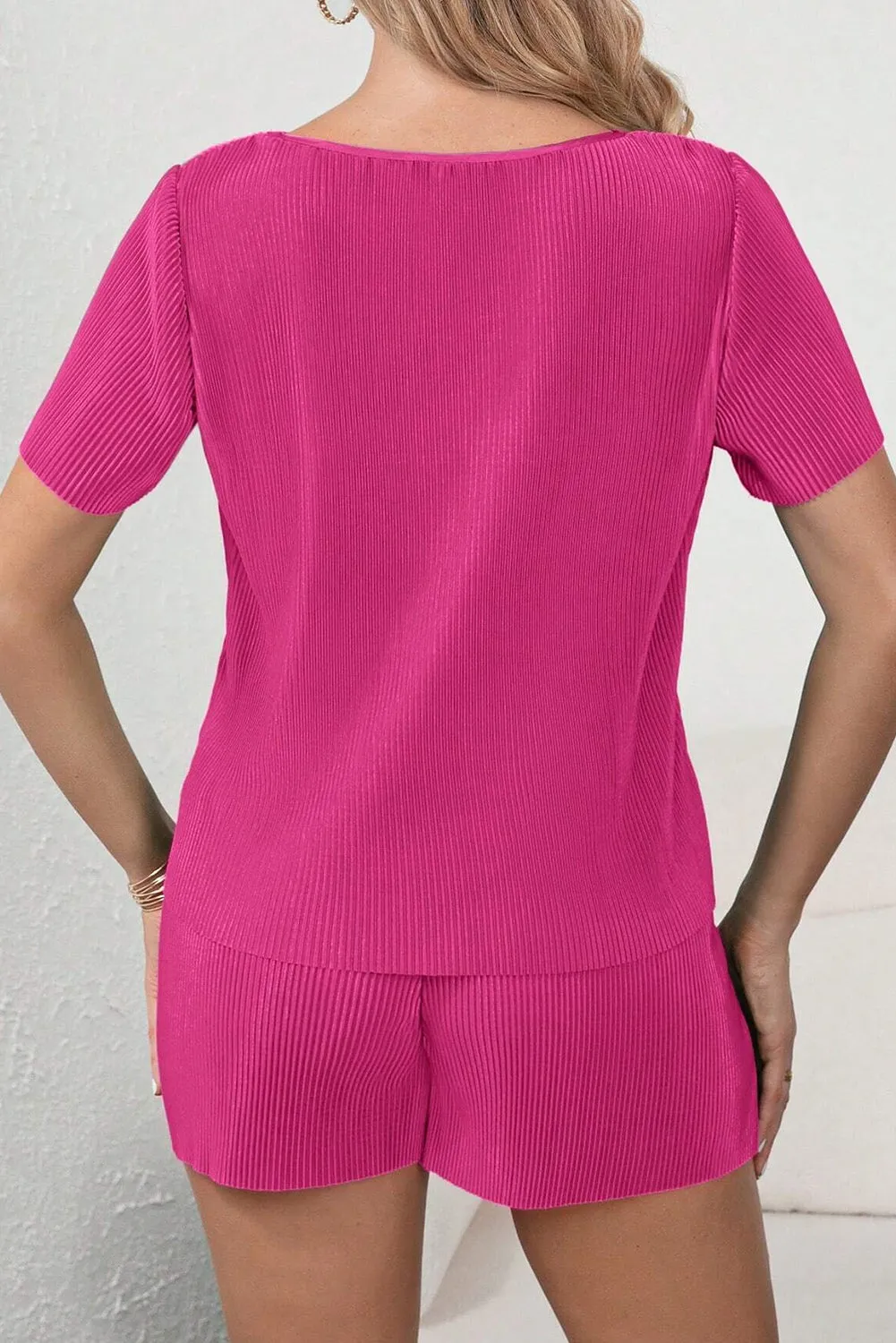 Bright Pink Casual Pleated Short Two-piece Set sold by Beagle Boutique product image thumbnail 2