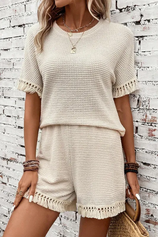 Beige Fringe Trim Textured Short Two Piece Set Co-ord sold by Beagle Boutique