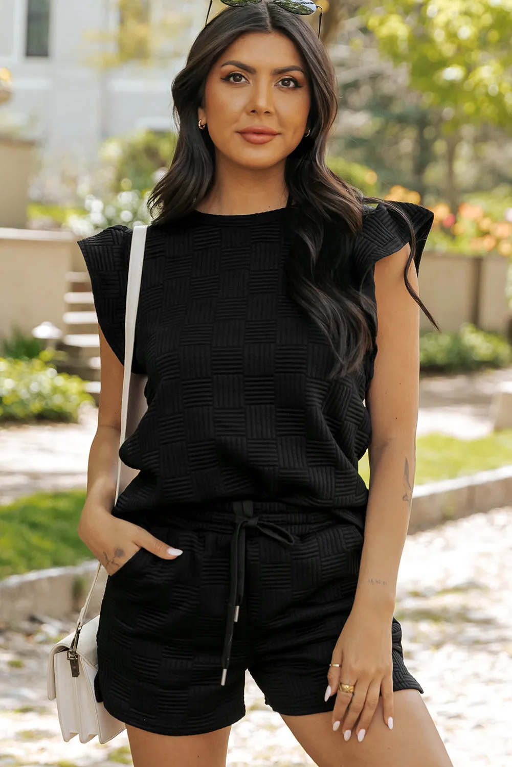 Black Textured Ruffled Sleeve Tee and Drawstring Shorts Set sold by Beagle Boutique