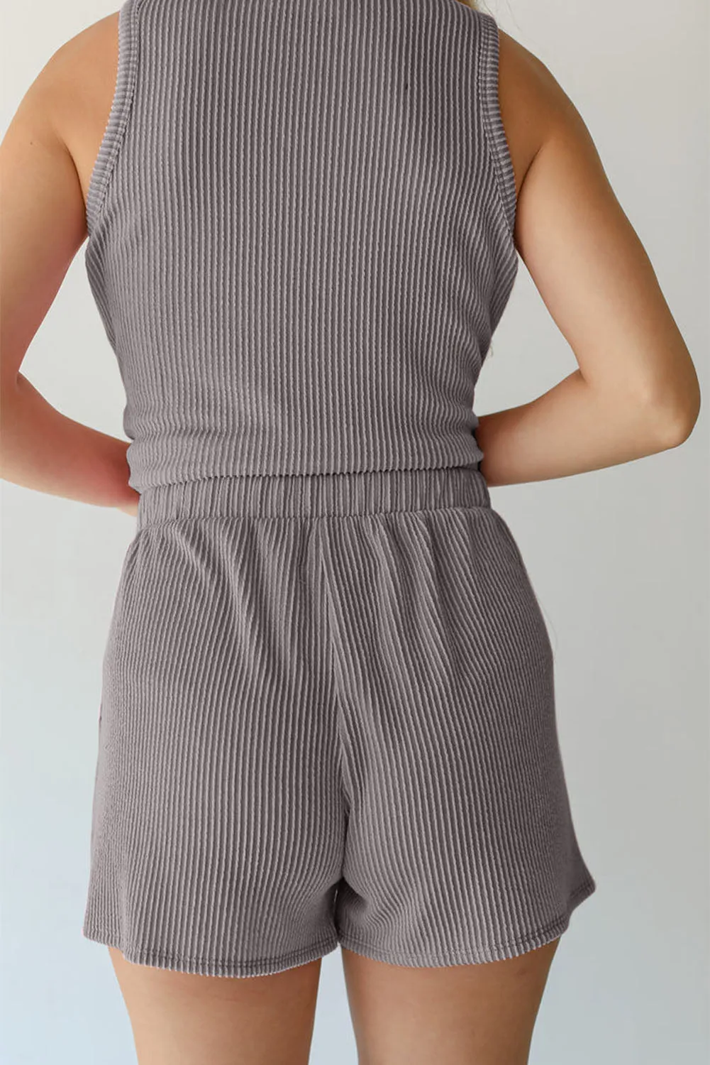 Medium Grey Corded Sleeveless Top and Pocketed Shorts Set sold by Beagle Boutique product image thumbnail 2