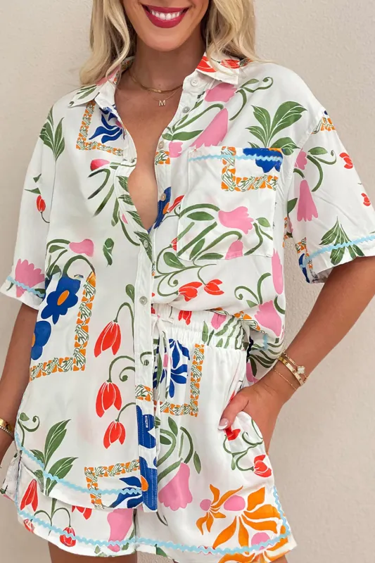 Ricrac Trim Floral Short Sleeve Shirt and Shorts Outfit sold by Beagle Boutique