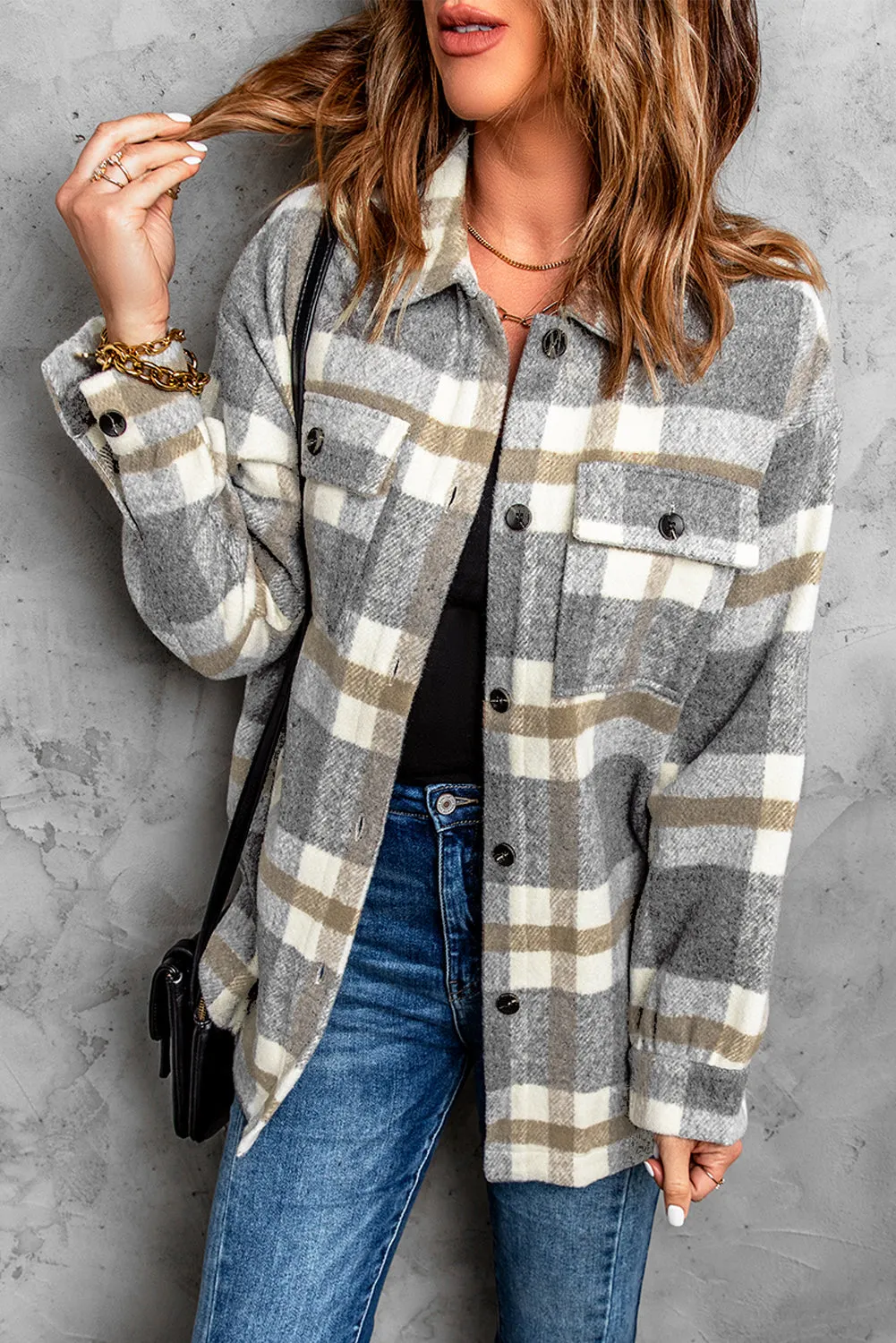 Brown Plaid Print Pocket Women Shacket sold by Beagle Boutique product image thumbnail 3