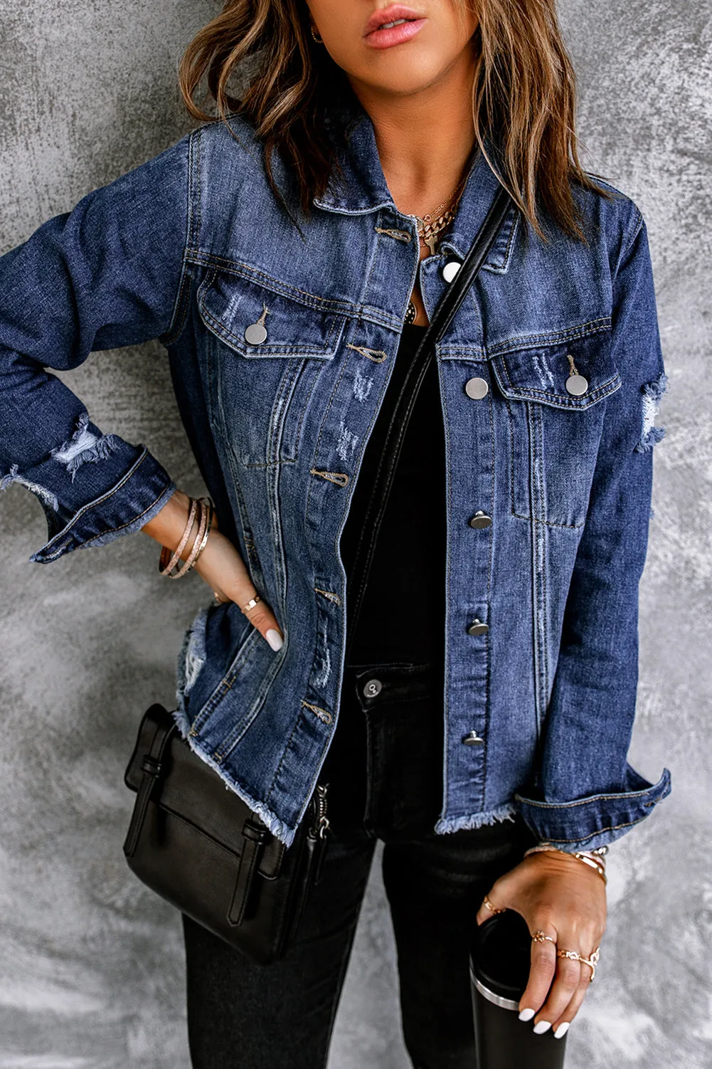 Lapel Distressed Raw Hem Buttons Denim Jacket sold by Beagle Boutique