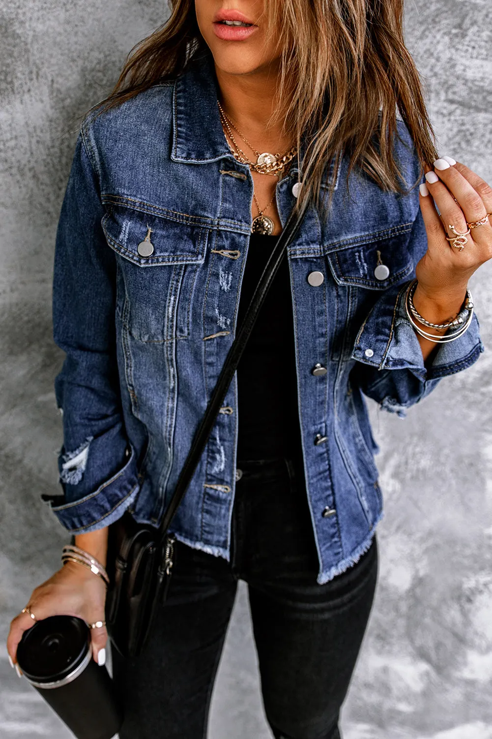 Lapel Distressed Raw Hem Buttons Denim Jacket sold by Beagle Boutique product image thumbnail 3