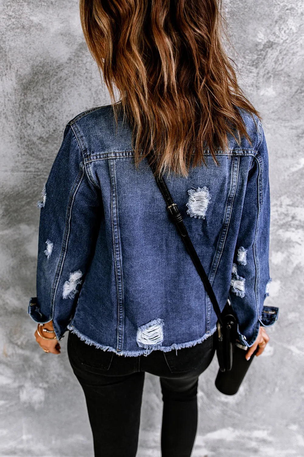Lapel Distressed Raw Hem Buttons Denim Jacket sold by Beagle Boutique product image thumbnail 2