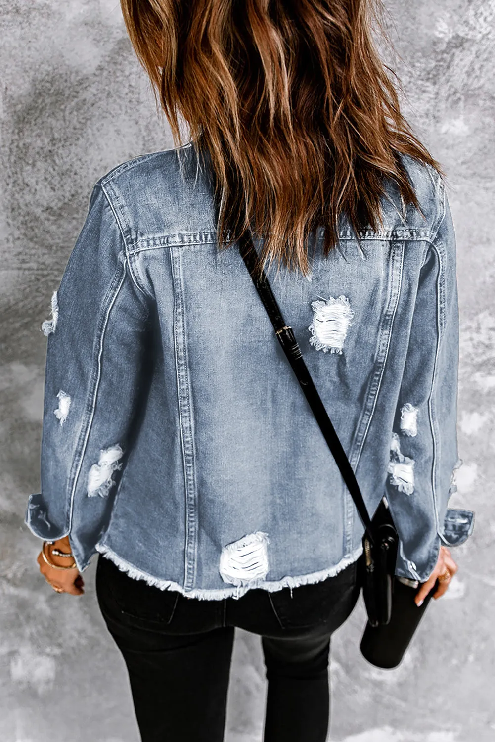 Lapel Distressed Raw Hem Buttons Denim Jacket sold by Beagle Boutique product image thumbnail 5