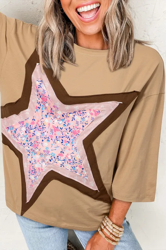 Camel Floral Star Patchwork 3/4 Long Sleeve Top sold by Beagle Boutique
