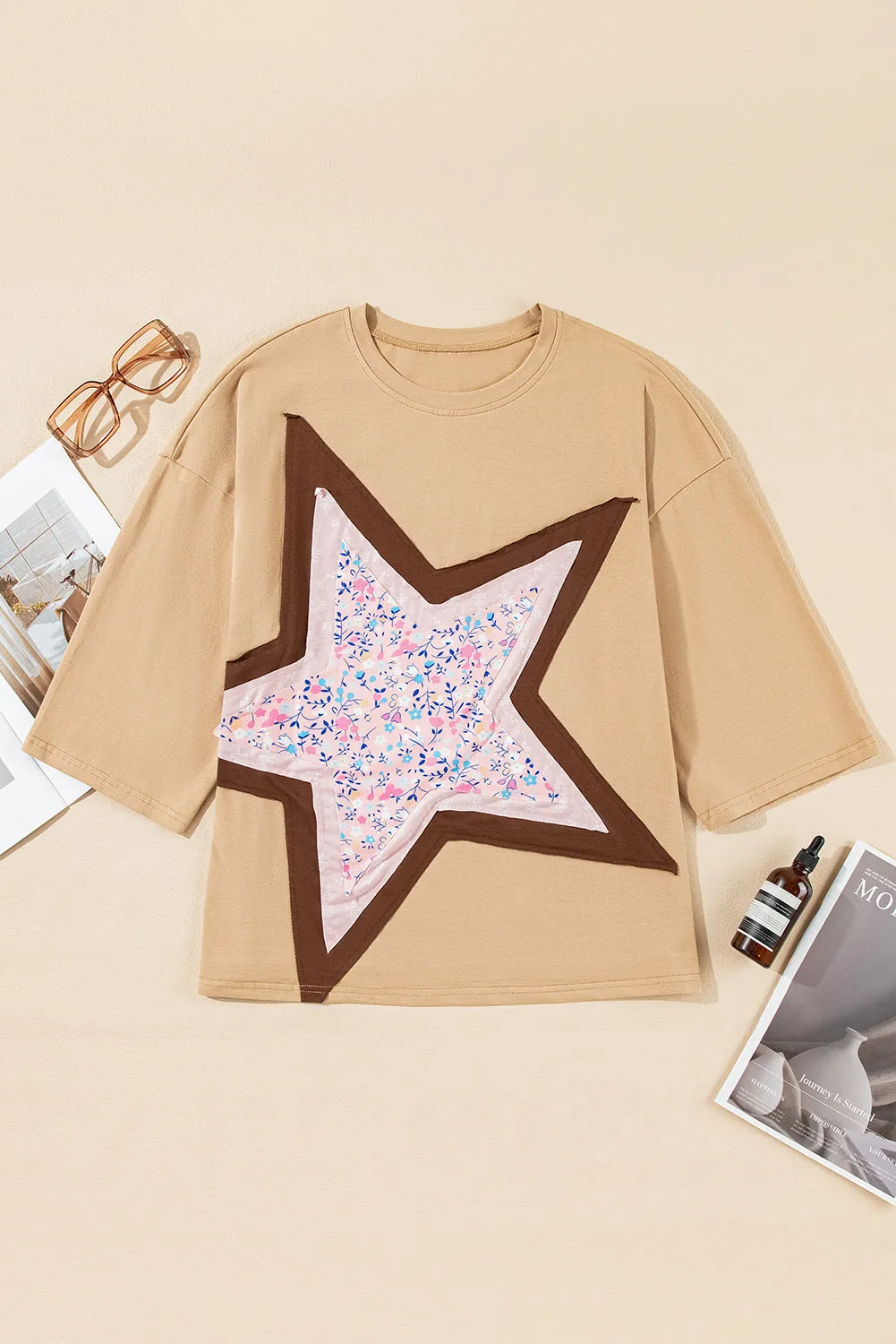 Camel Floral Star Patchwork 3/4 Long Sleeve Top sold by Beagle Boutique product image thumbnail 3