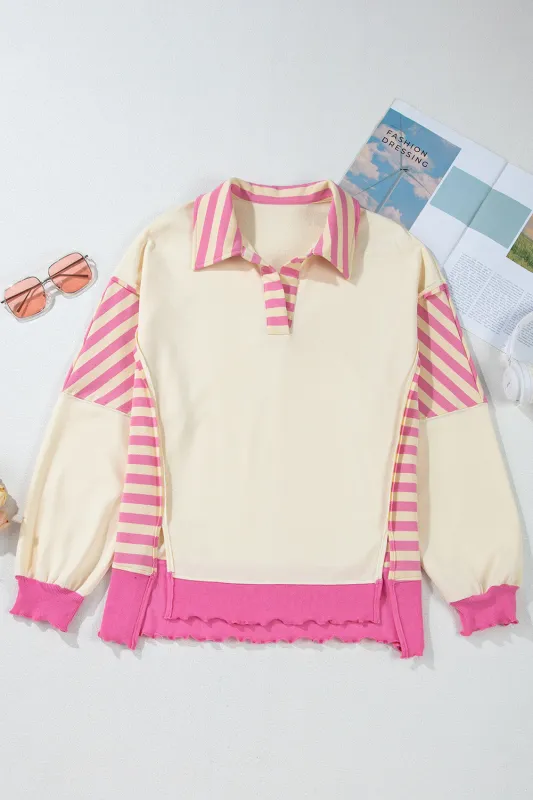 Pink Stripe Colorblock Patchwork Collared French Terry Knit Top sold by Beagle Boutique
