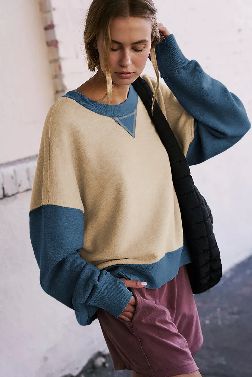 Parchment Color Block Thumbhole Sleeve Drop Shoulder Sweatshirt sold by Beagle Boutique product image thumbnail 3