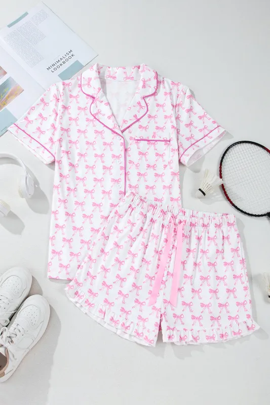 Pink Bowknot Printed Short Sleeve and Ruffled Shorts Valentines Pyjama Set sold by Beagle Boutique
