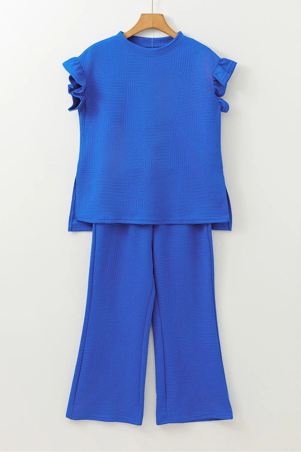 Dark Blue Ruffled Sleeve Summer Top and Cropped Loose Trousers Set sold by Beagle Boutique product image thumbnail 3