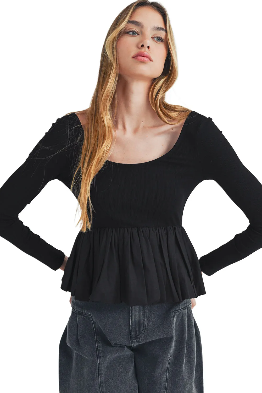 Black Ribbed Knit Long Sleeve Scoop Neck Peplum Patchwork Top sold by Beagle Boutique product image thumbnail 5