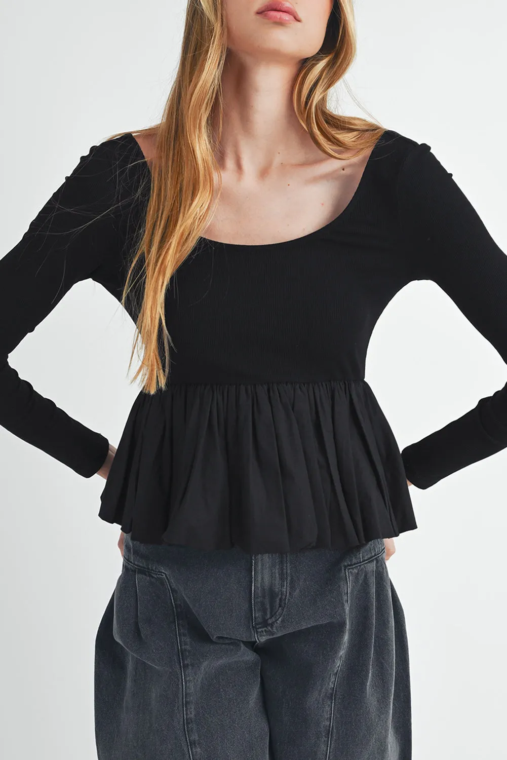 Black Ribbed Knit Long Sleeve Scoop Neck Peplum Patchwork Top sold by Beagle Boutique product image thumbnail 4