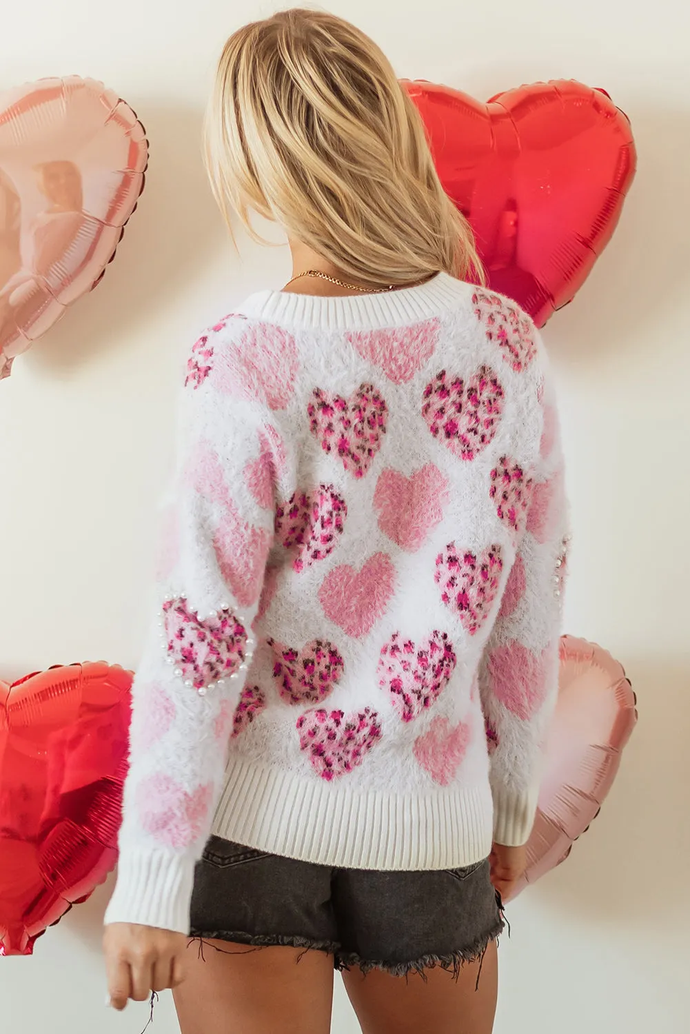 Pink Heart Leopard Print Pearled Ribbed Trim Fuzzy Sweater sold by Beagle Boutique product image thumbnail 5
