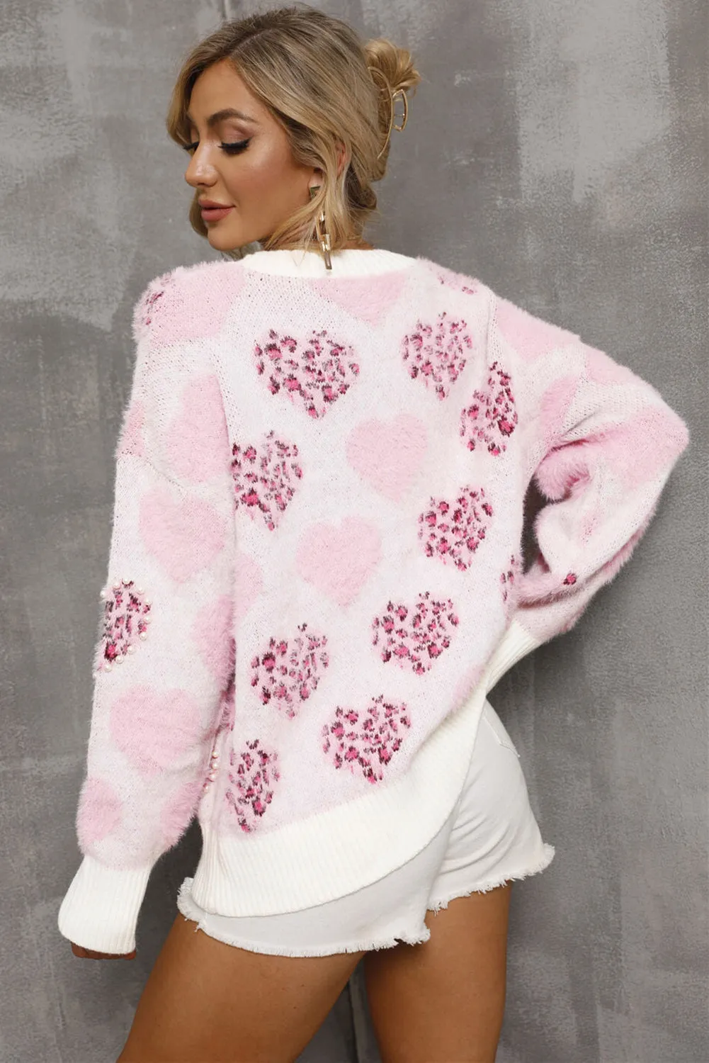 Pink Heart Leopard Print Pearled Ribbed Trim Fuzzy Sweater sold by Beagle Boutique product image thumbnail 2