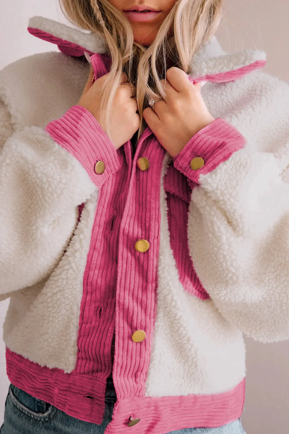 Multicolor Sherpa Corduroy Patchwork Button up Crop Jacket sold by Beagle Boutique