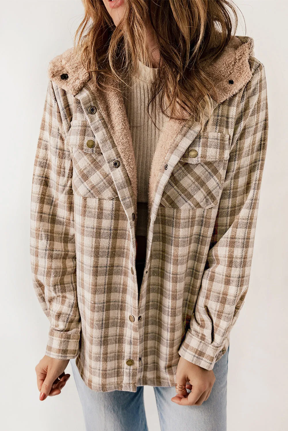 Khaki Plaid Pattern Sherpa Lined Hooded Shacket sold by Beagle Boutique
