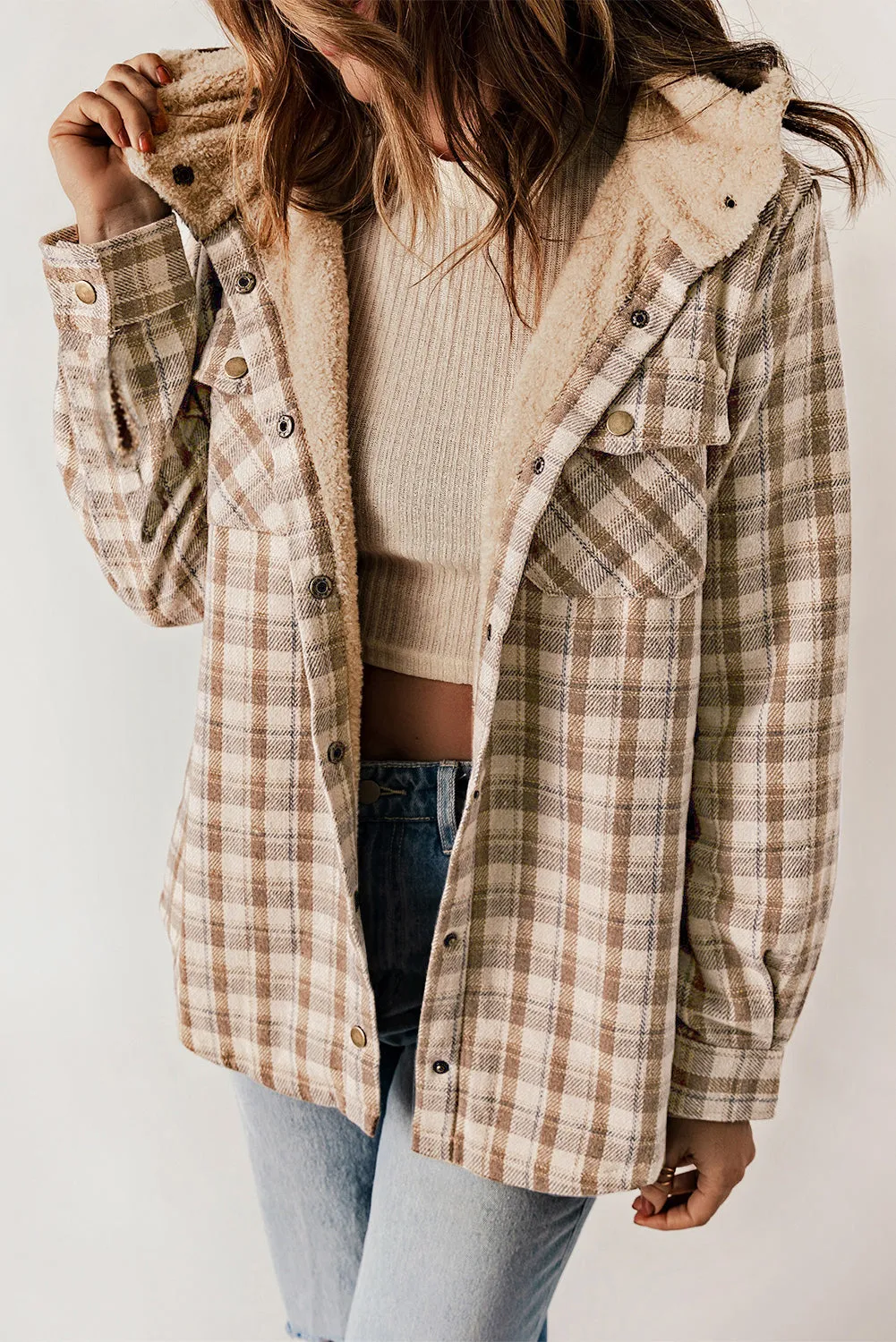 Khaki Plaid Pattern Sherpa Lined Hooded Shacket sold by Beagle Boutique product image thumbnail 3