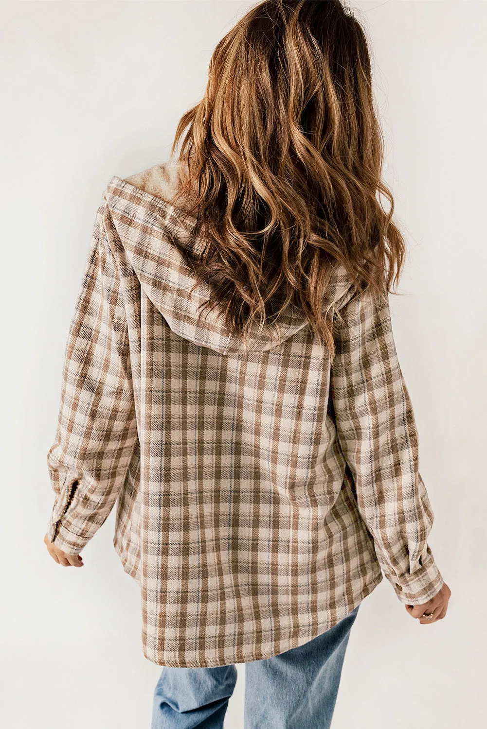 Khaki Plaid Pattern Sherpa Lined Hooded Shacket sold by Beagle Boutique product image thumbnail 2