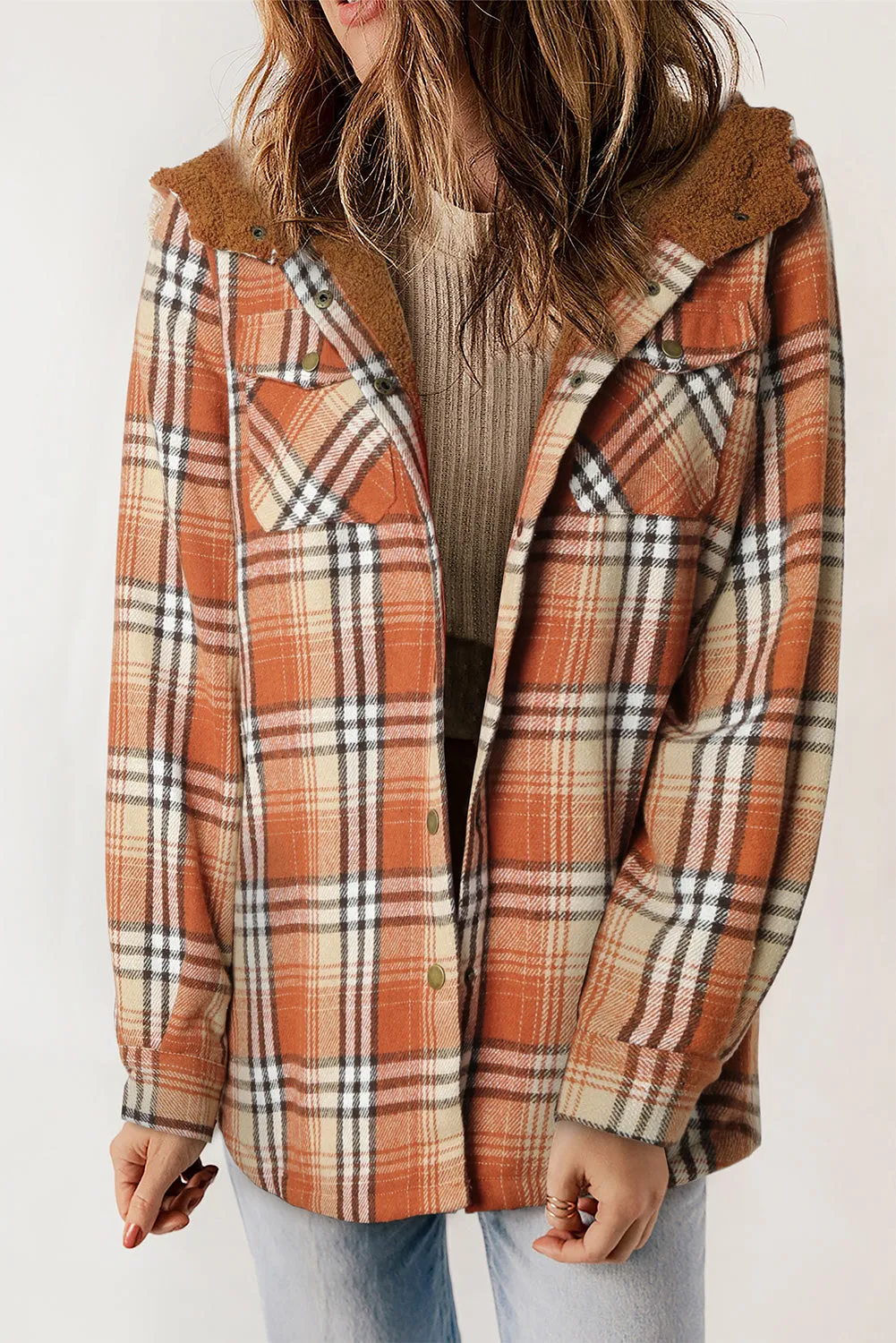 Khaki Plaid Pattern Sherpa Lined Hooded Shacket sold by Beagle Boutique product image thumbnail 4
