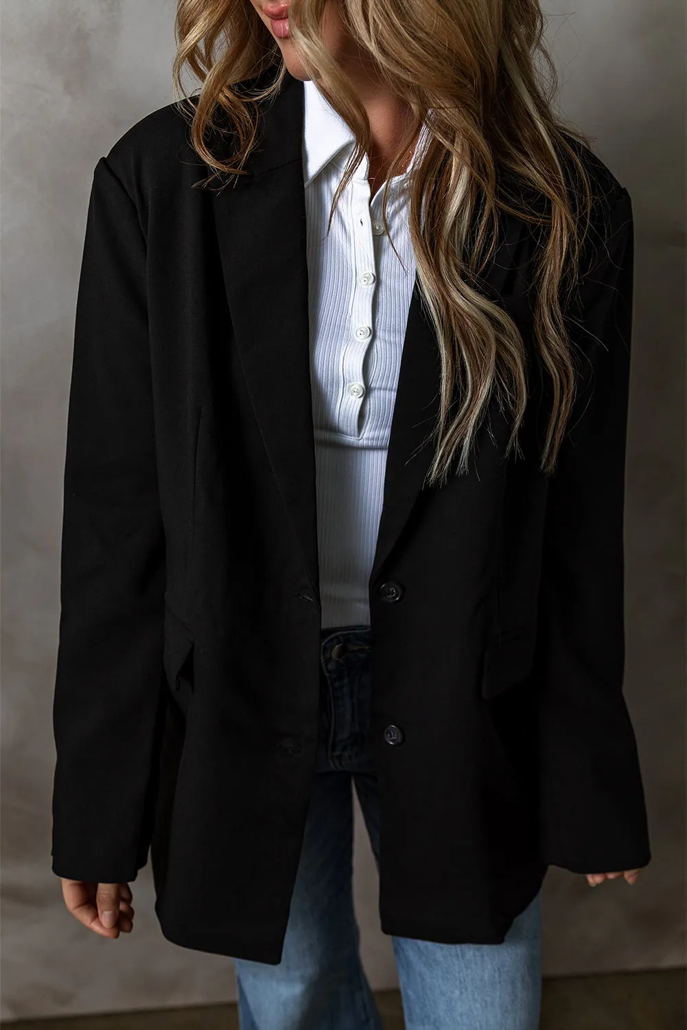 Black Lapel Flap Pocket Buttoned Blazer sold by Beagle Boutique product image thumbnail 3