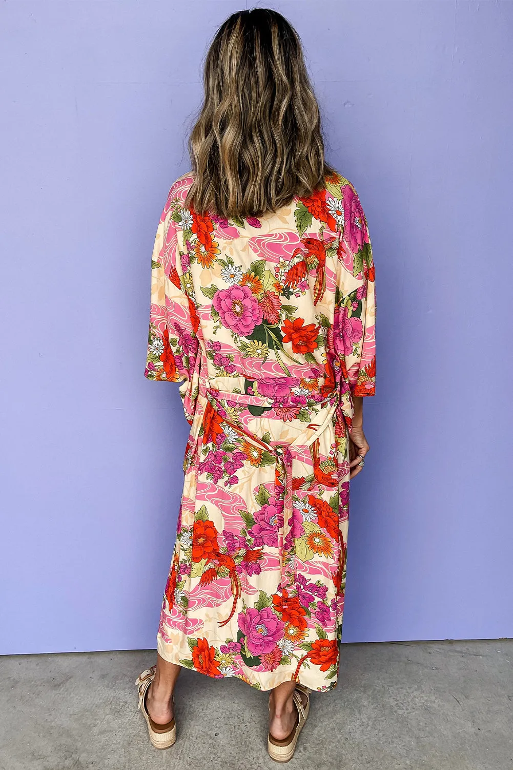 Pink Floral Allover Print Open Front Belted Duster Kimono sold by Beagle Boutique product image thumbnail 2