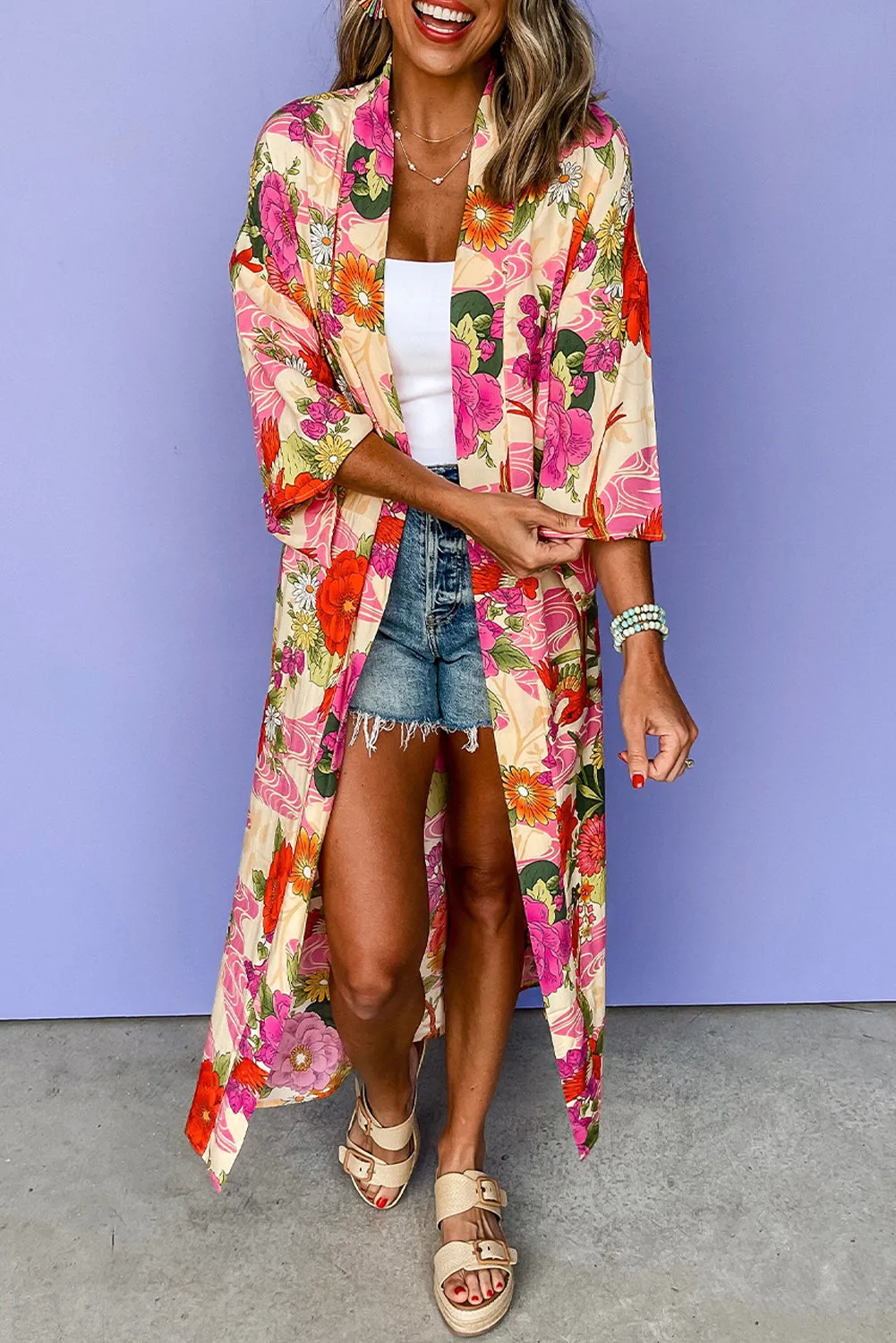 Pink Floral Allover Print Open Front Belted Duster Kimono sold by Beagle Boutique