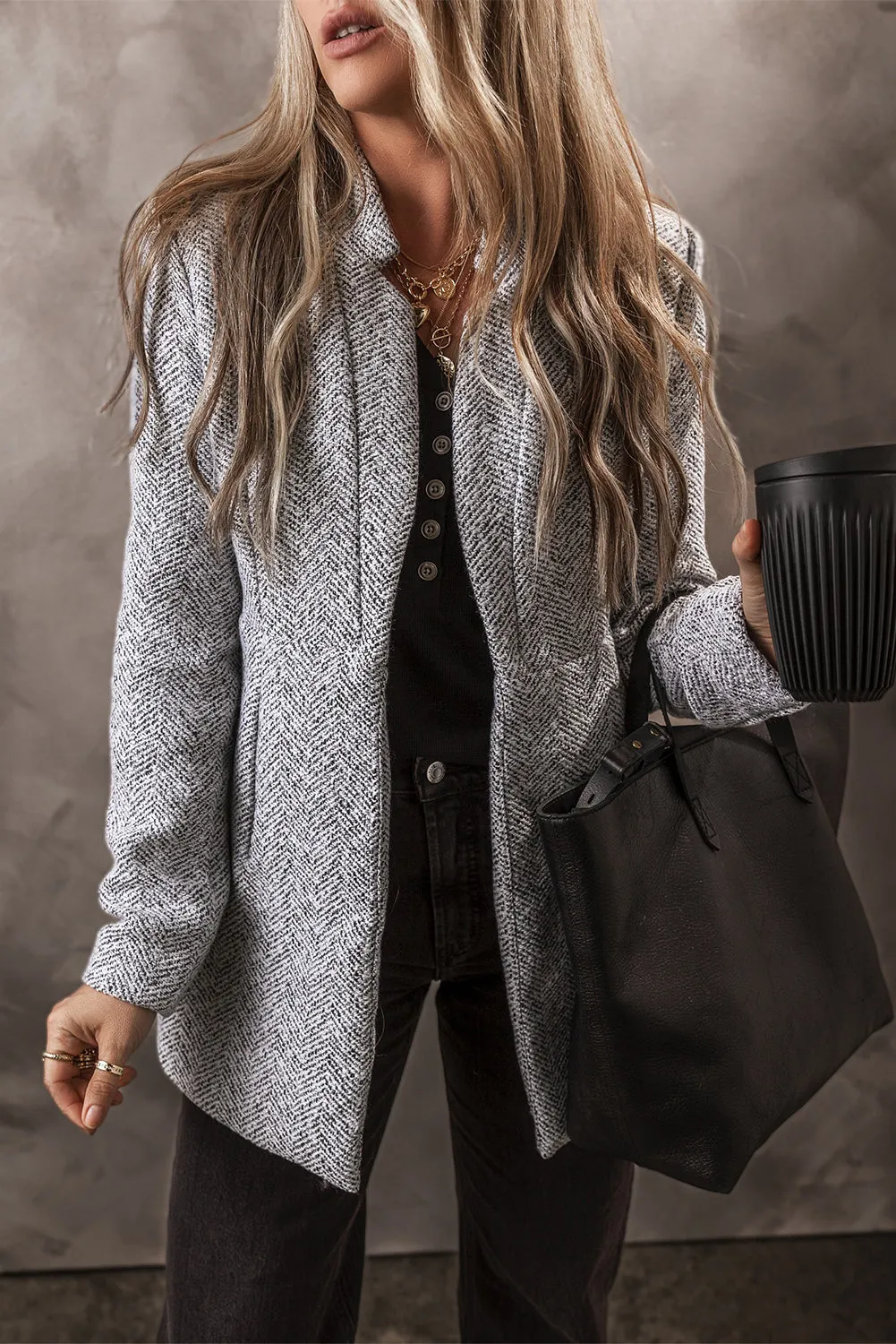 Light Grey Lapel Collar Long Jacket with Pockete sold by Beagle Boutique
