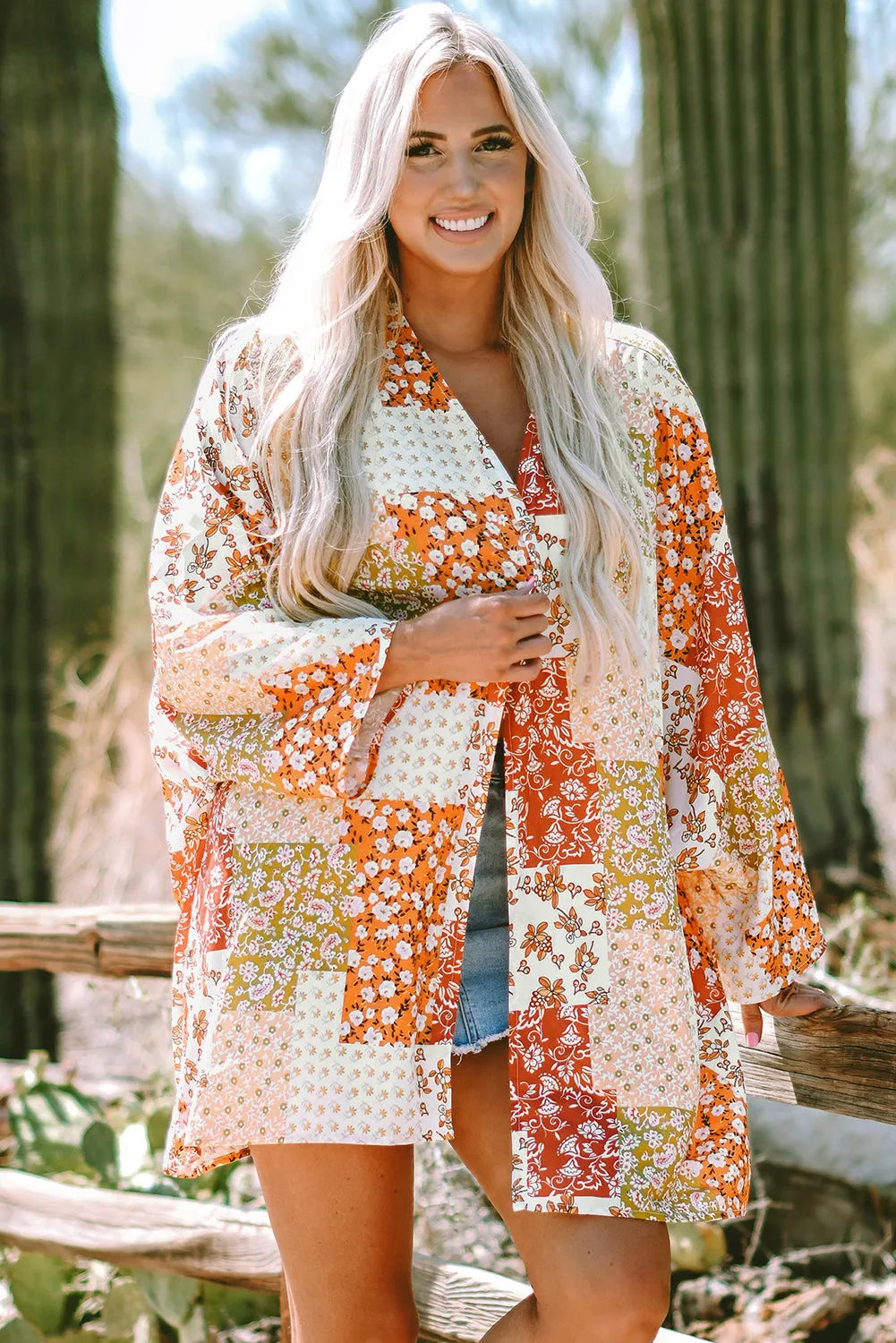 White Boho Patchwork Floral Open Front Kimono sold by Beagle Boutique