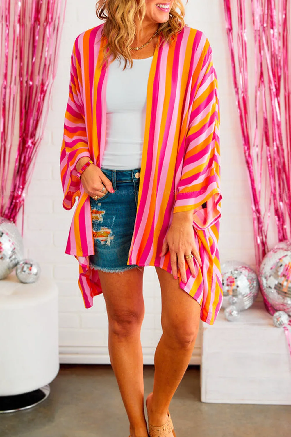 Rose Stripe Wide Sleeve Open Front Kimono sold by Beagle Boutique