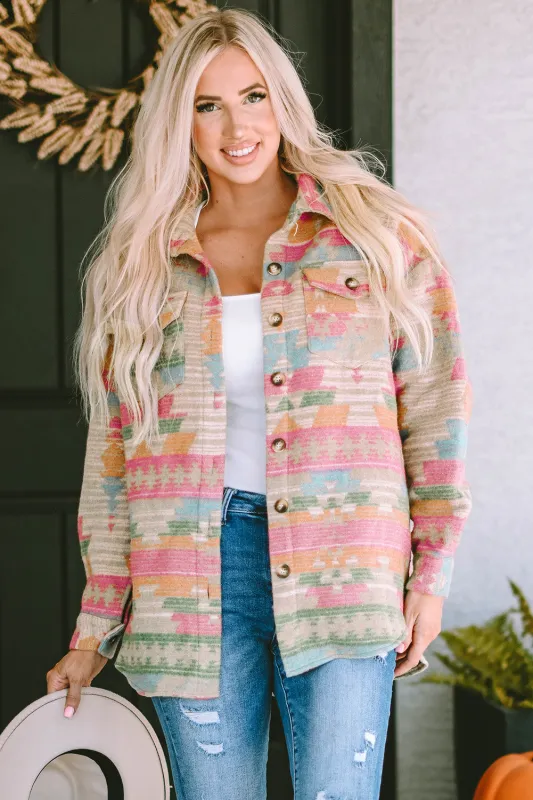 Multicolor Western Aztec Print Button Flap Pocket Shacket sold by Beagle Boutique