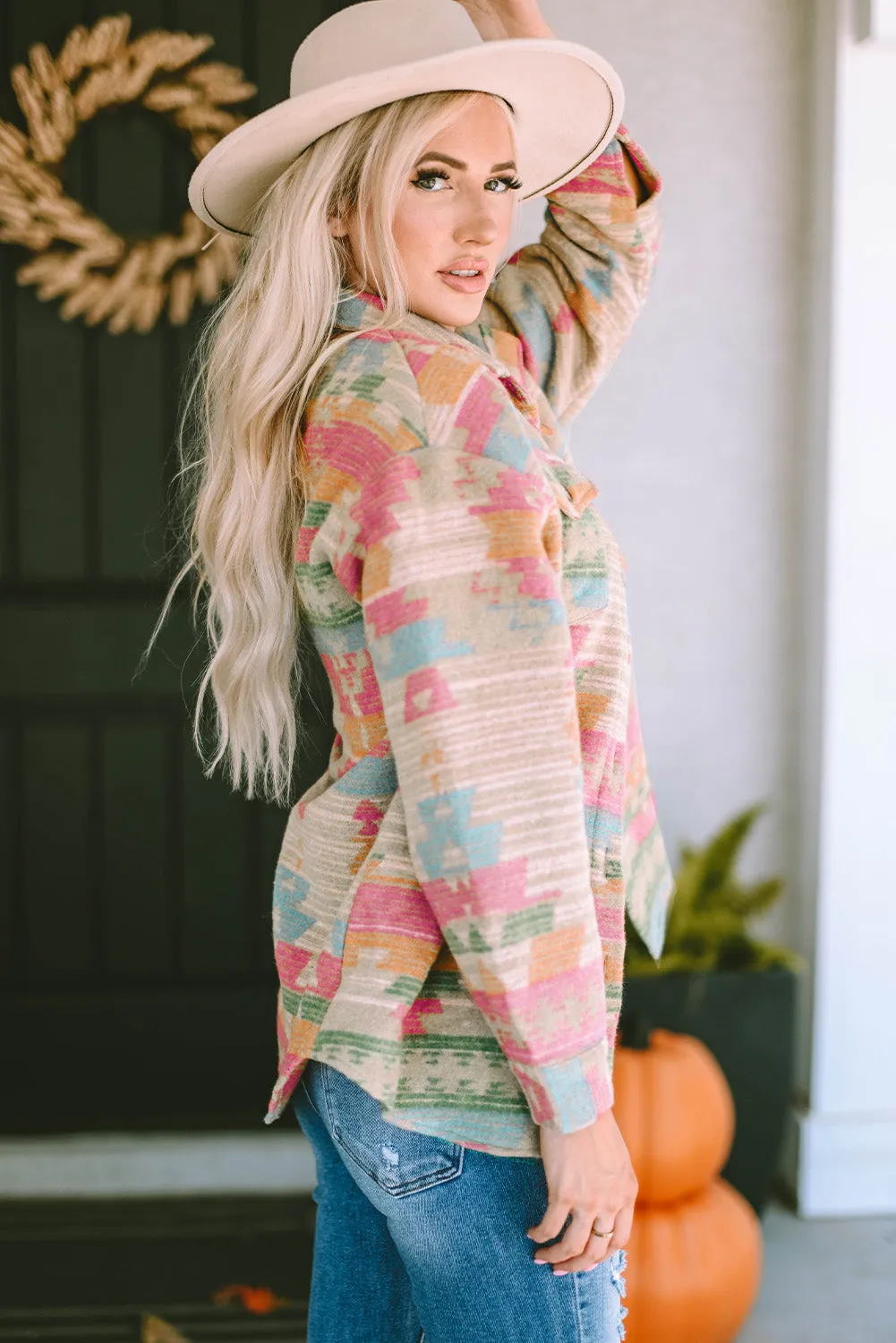 MultiColour Western Aztec Print Button Flap Pocket Shacket sold by Beagle Boutique product image thumbnail 3