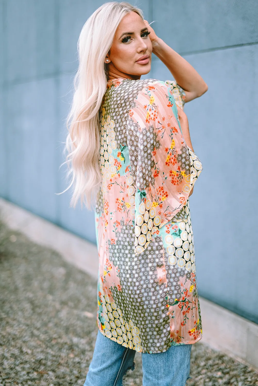 Multicolor Floral Open Sheer Shimmer Kimono sold by Beagle Boutique product image thumbnail 3