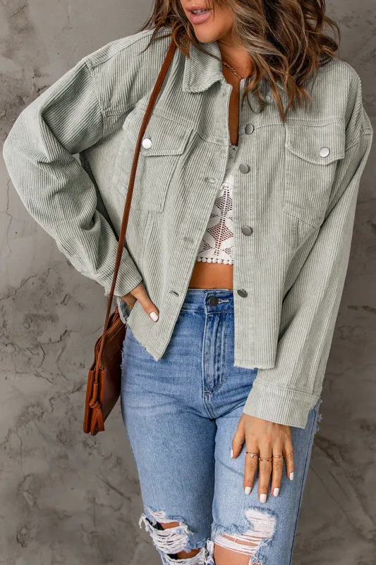 Sky Blue Raw Hem Flap Pockets Cropped Corduroy Jacket sold by Beagle Boutique