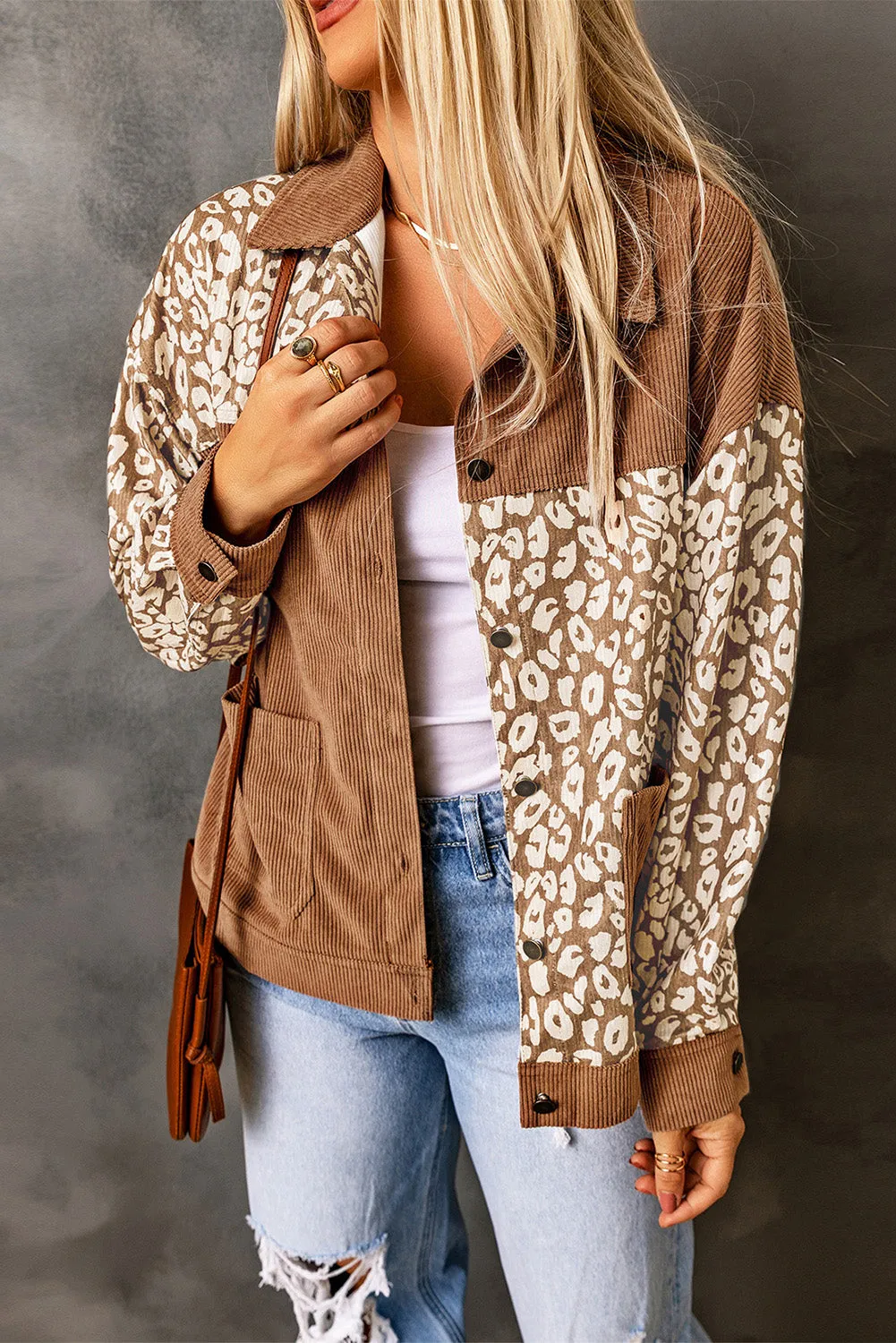 Brown Leopard Print Corduroy Long Sleeve Jacket sold by Beagle Boutique product image thumbnail 3