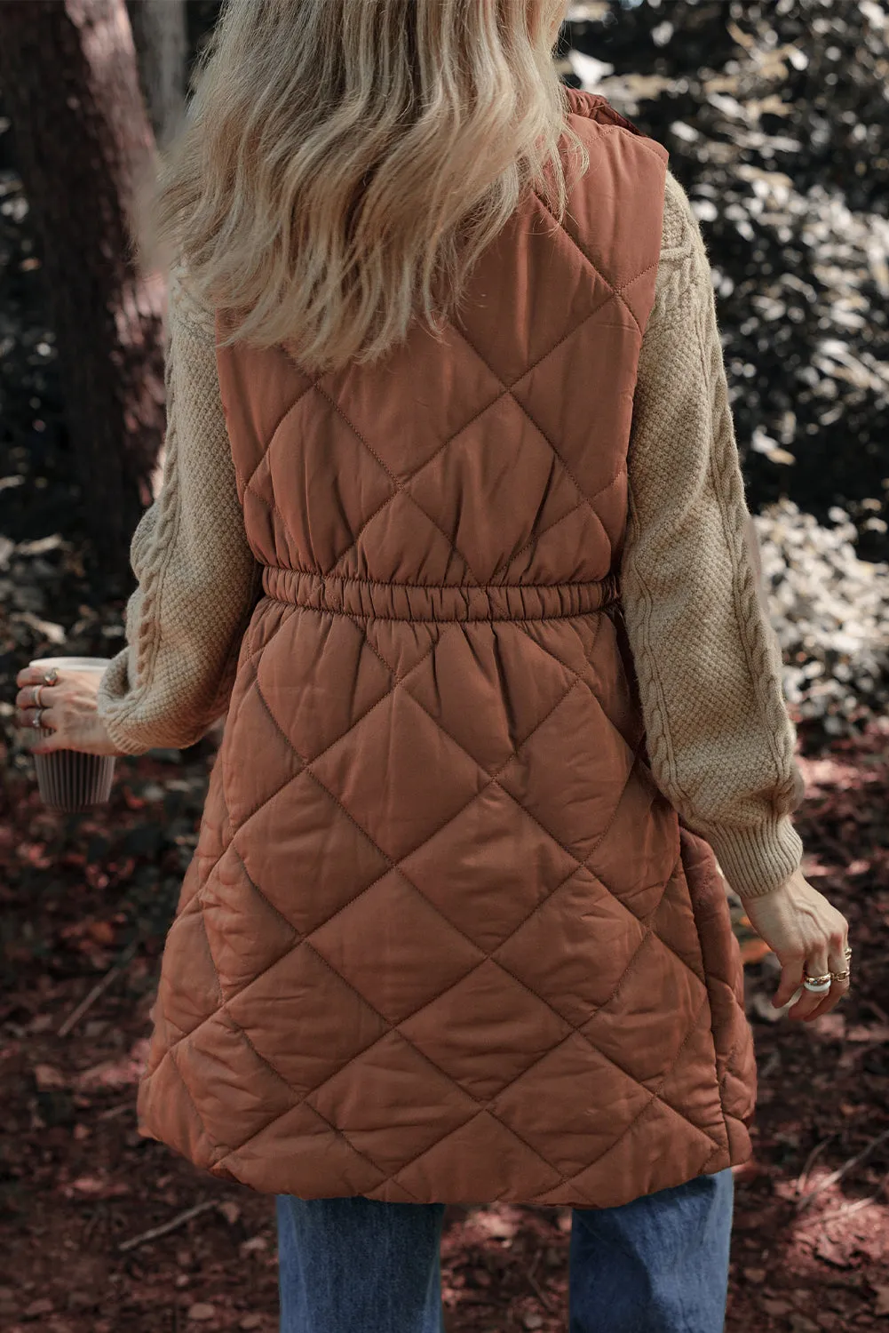 Coffee Longline Quilted Stand Collar Puffer Vest sold by Beagle Boutique product image thumbnail 2