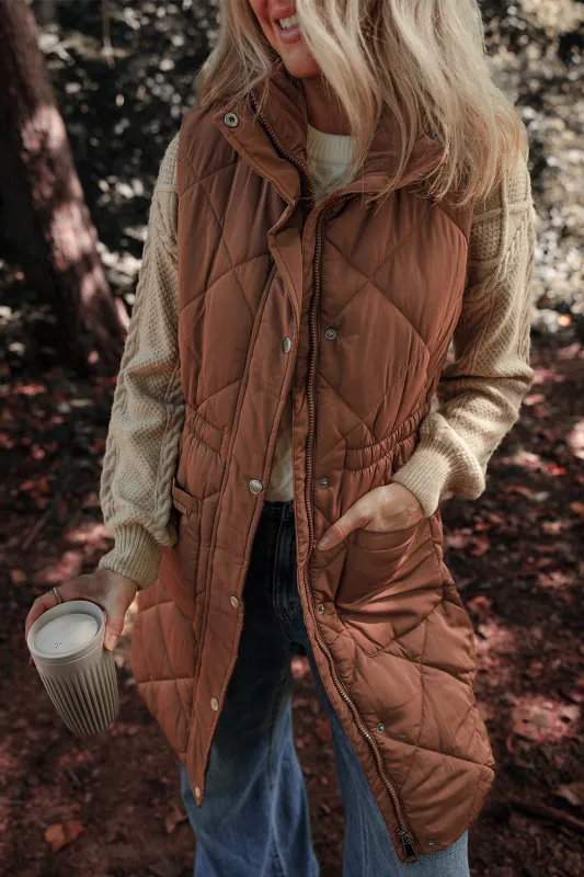 Coffee Longline Quilted Stand Collar Puffer Vest sold by Beagle Boutique