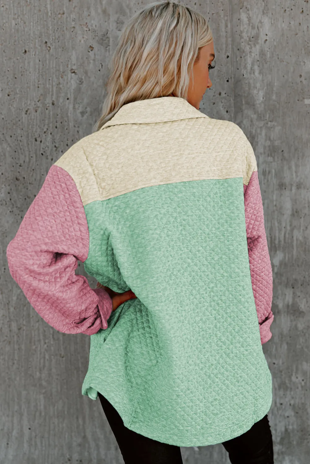 Green Colour Block Patchwork Flap Pocket Quilted Shacket sold by Beagle Boutique product image thumbnail 2