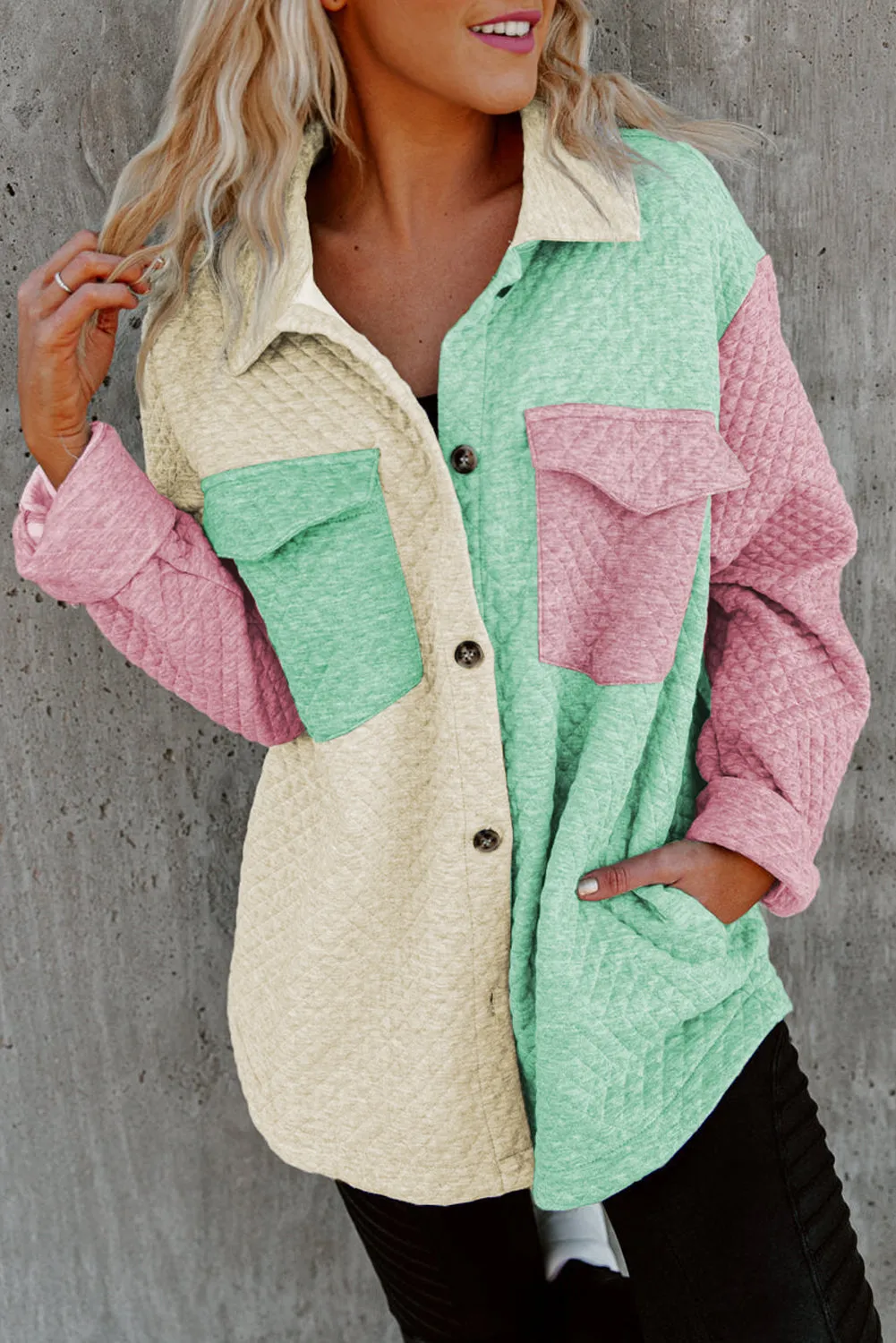 Green Colour Block Patchwork Flap Pocket Quilted Shacket sold by Beagle Boutique