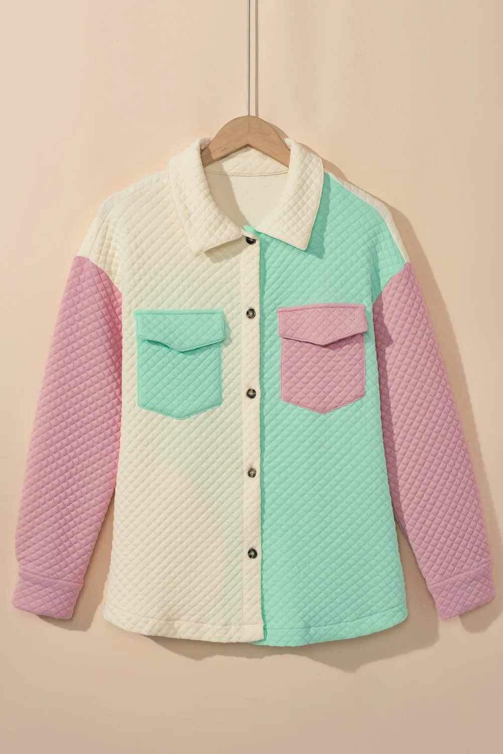Green Colour Block Patchwork Flap Pocket Quilted Shacket sold by Beagle Boutique product image thumbnail 3