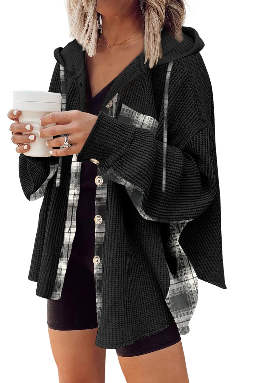Black Waffle Knit Plaid Patchwork Drawstring Hooded Shacket sold by Beagle Boutique product image thumbnail 3
