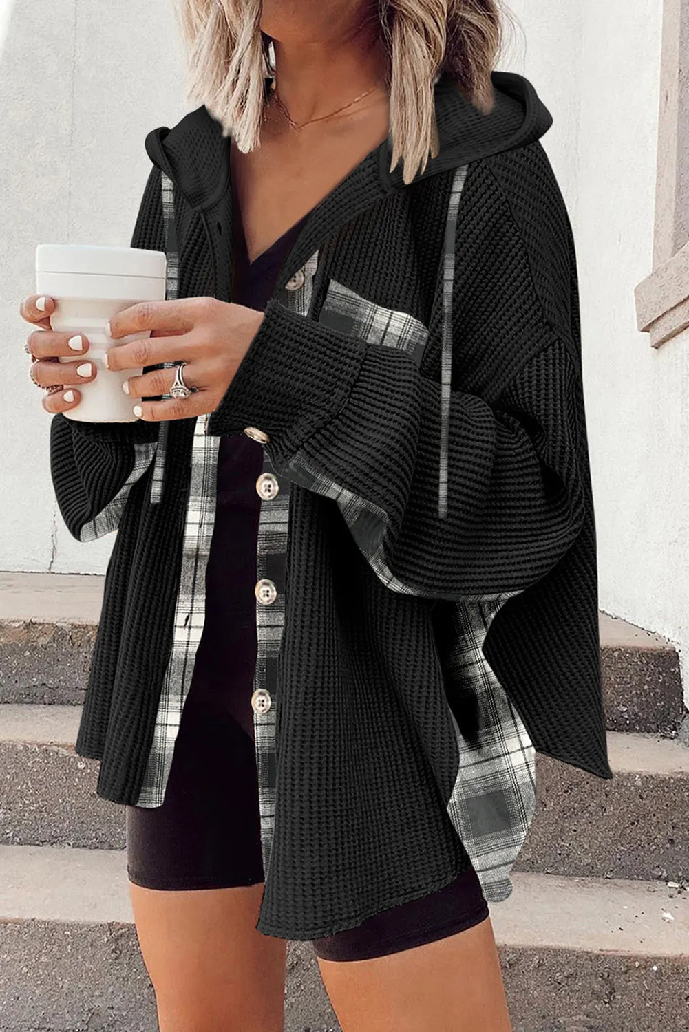 Black Waffle Knit Plaid Patchwork Drawstring Hooded Shacket sold by Beagle Boutique