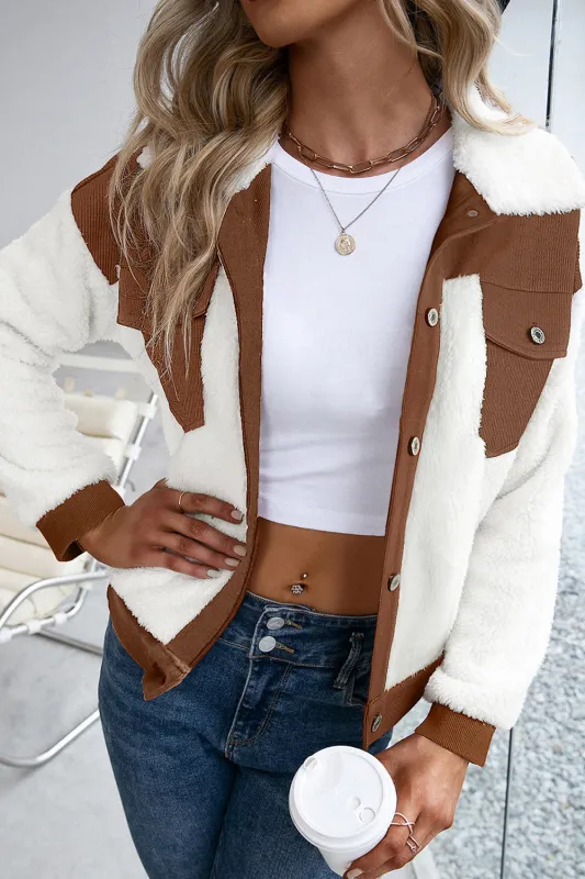 Chestnut Corduroy Color Block Contrast Patchwork Fuzzy Jacket sold by Beagle Boutique