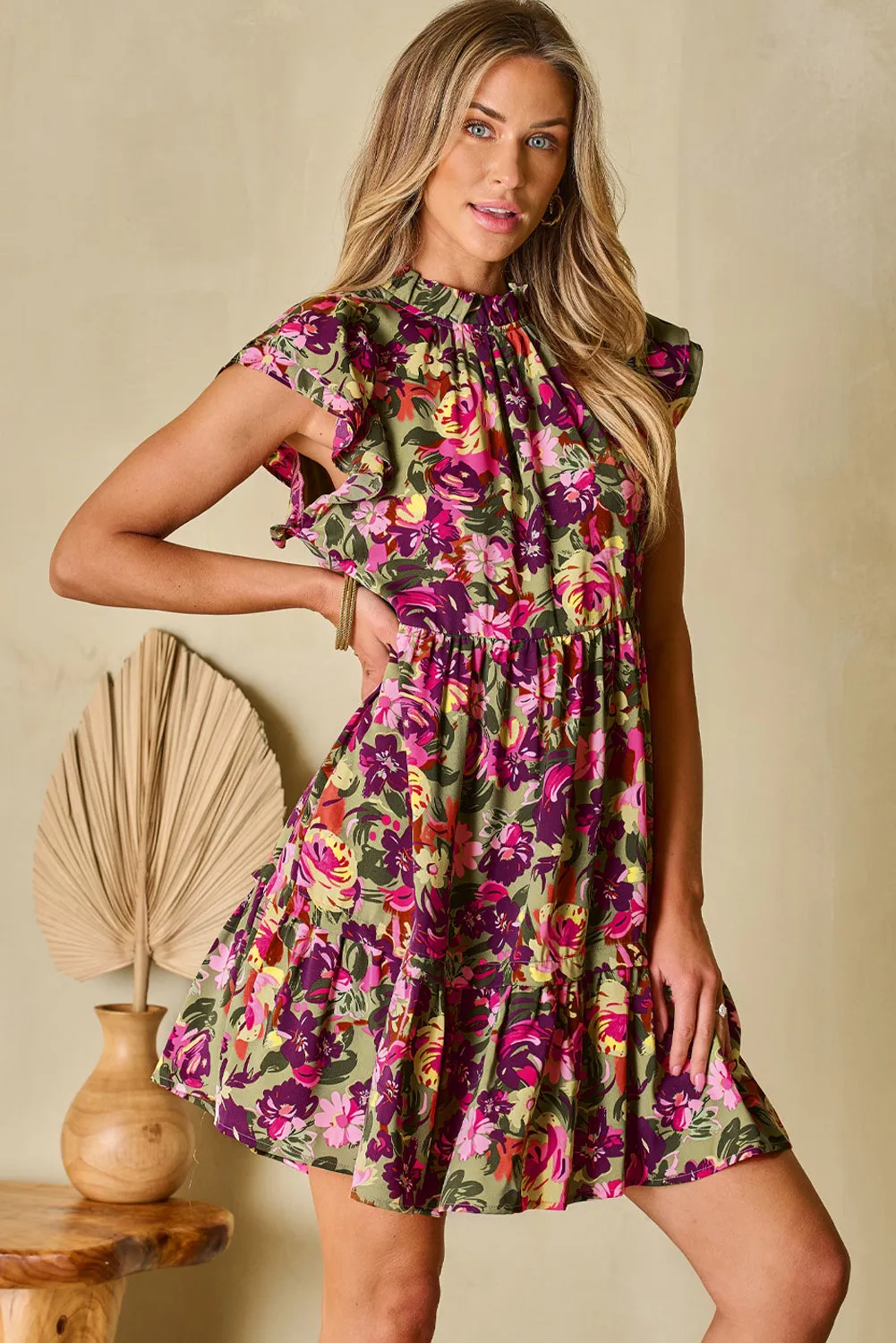 Green Floral Print Ruched Flutter Sleeve Frilled Neck Mini Dress sold by Beagle Boutique product image thumbnail 3