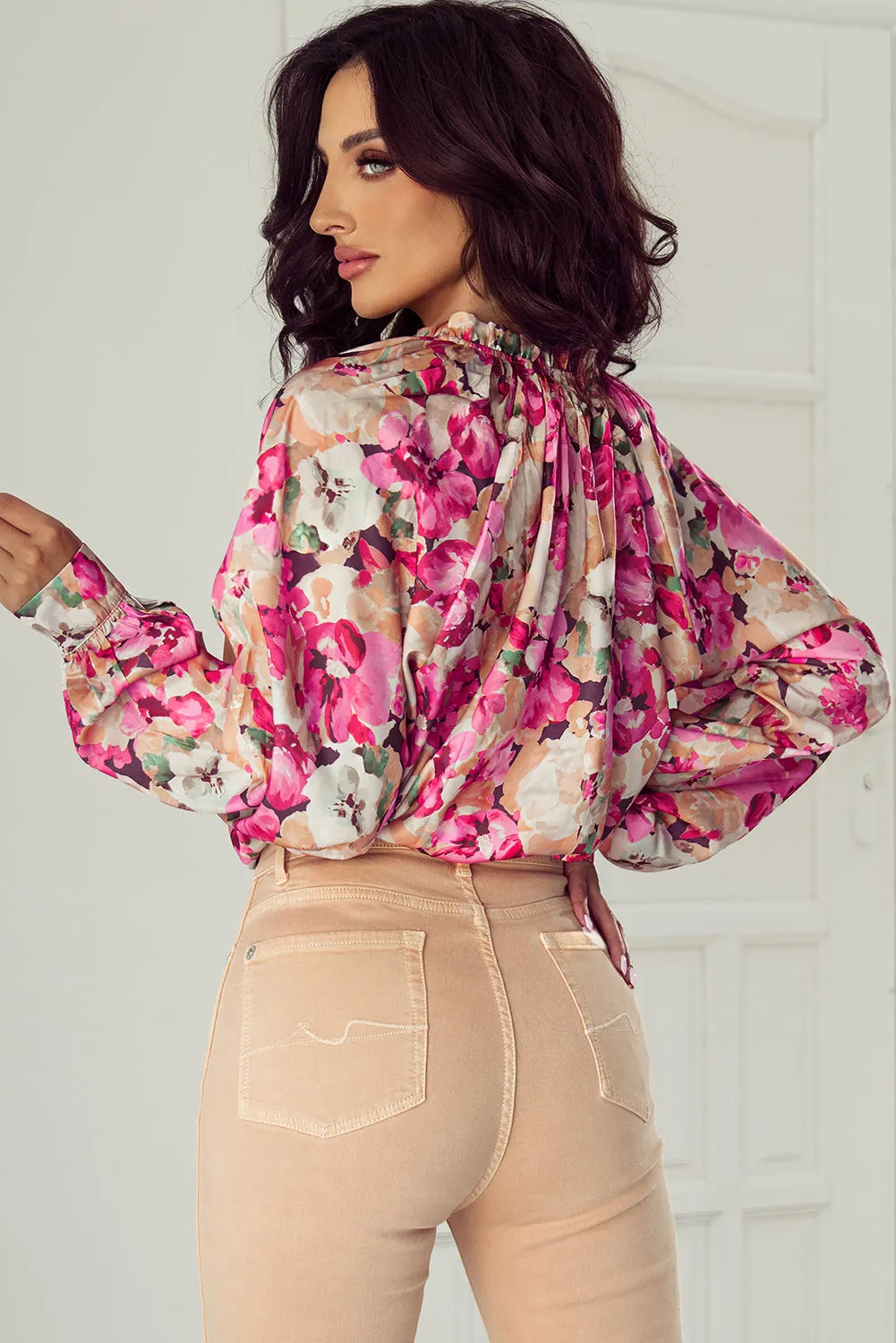 Red Floral Print Ruffled Stitch Buttoned Loose Fit Shirt sold by Beagle Boutique product image thumbnail 2