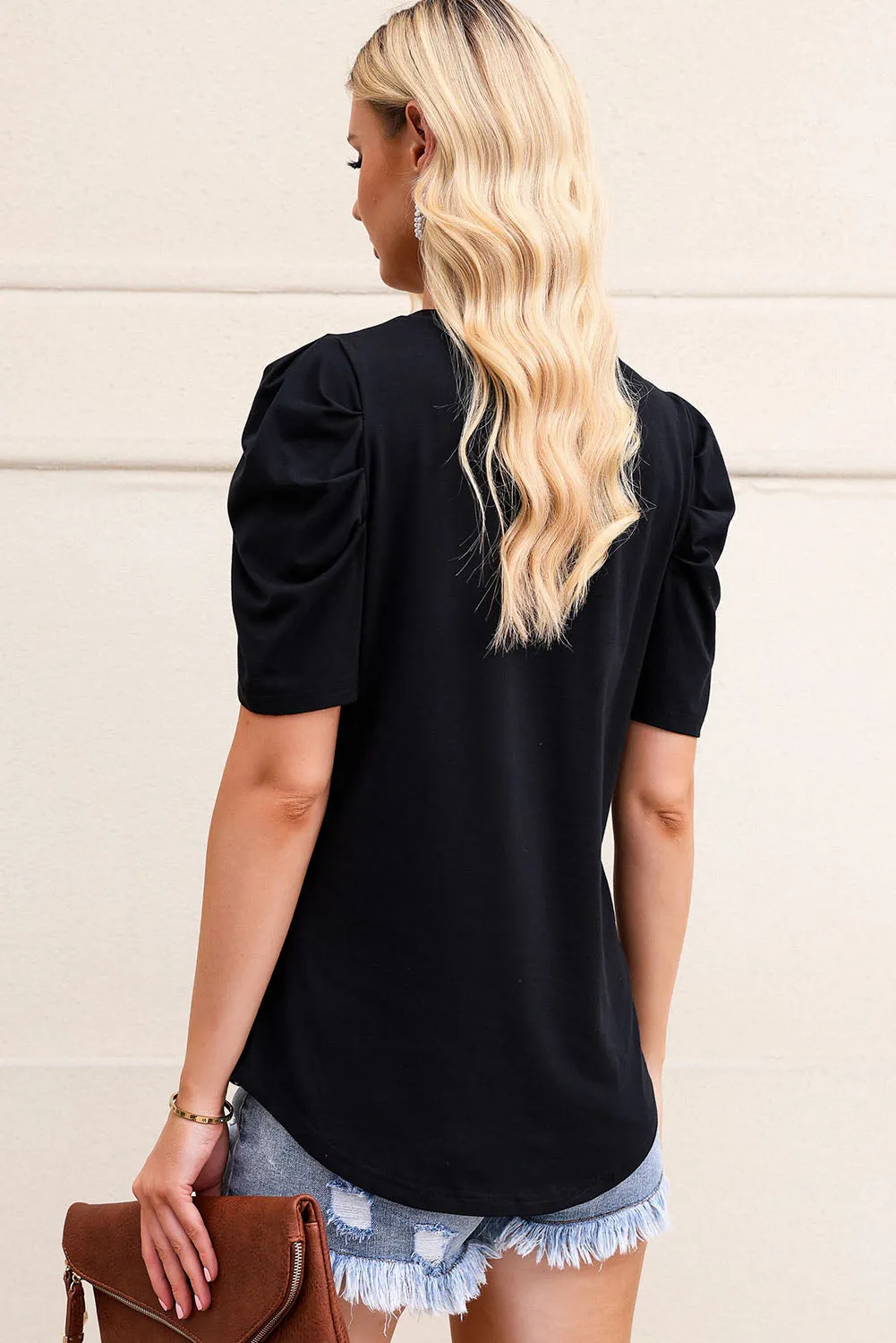 Black Puff Sleeve V-Neck T-Shirt sold by Beagle Boutique product image thumbnail 2