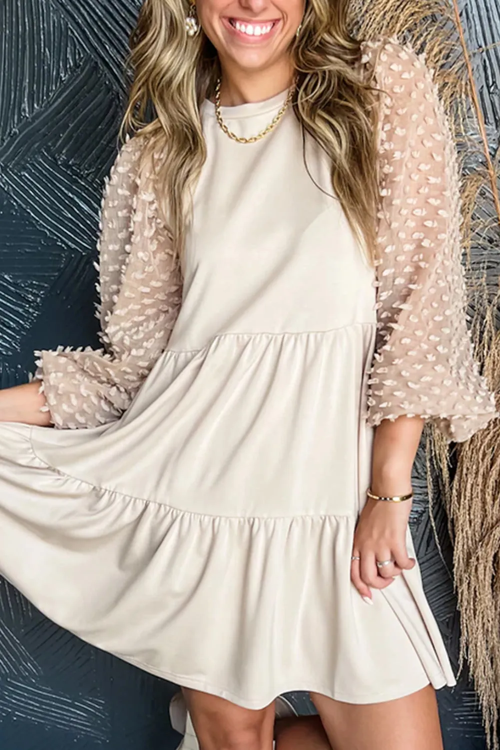 Beige Embellished Puff Sleeve Tiered A-line Dress sold by Beagle Boutique